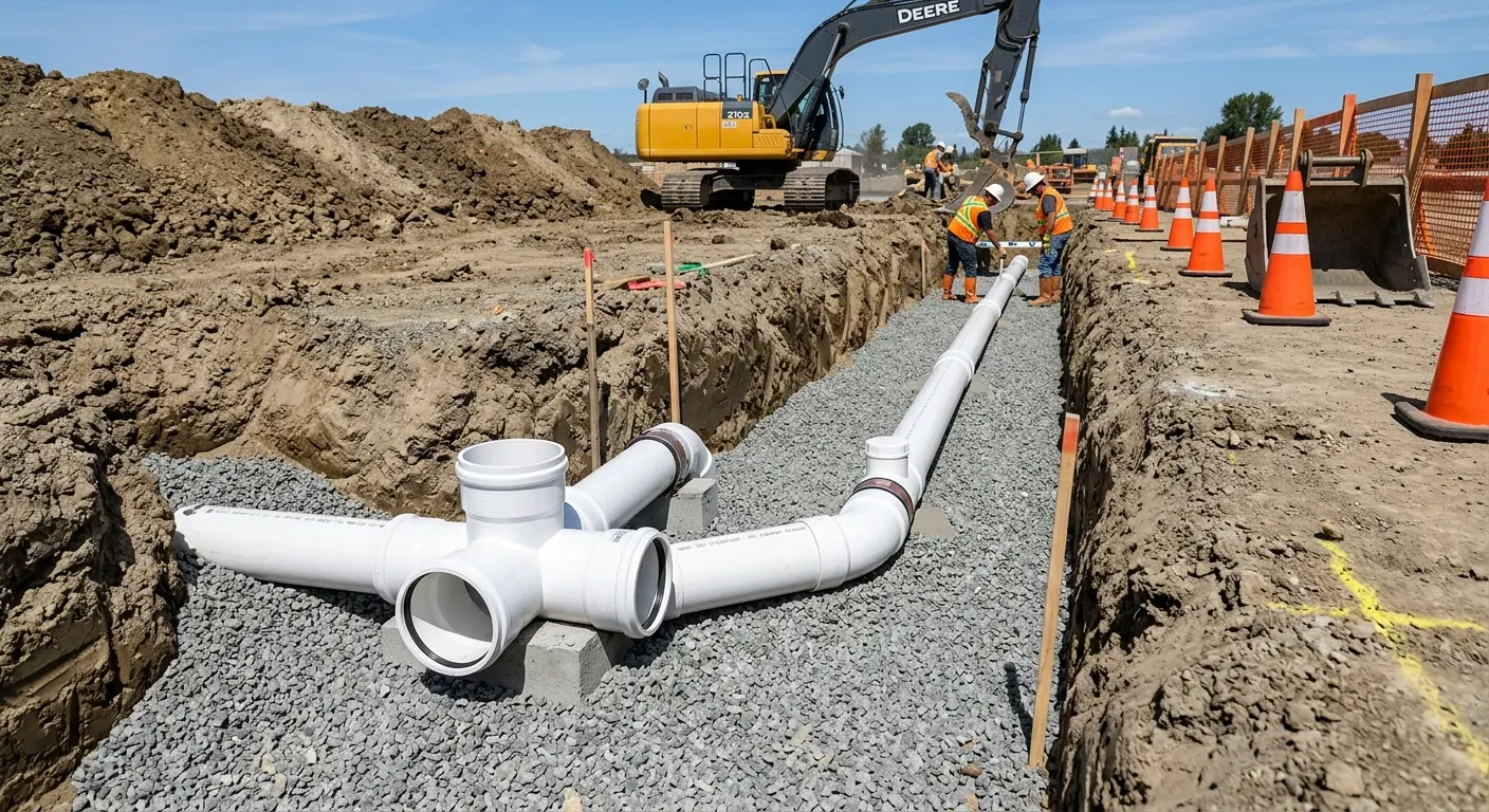 New PVC sewer pipe installation in open trench for Commercial Drain Cleaning in Merritt Island