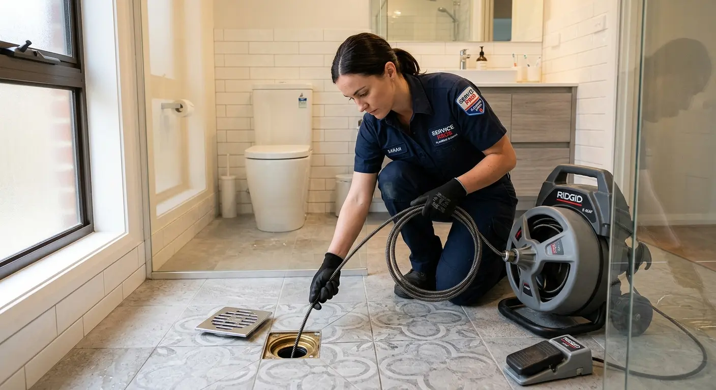 Technician clearing a bathroom floor drain for Sewer Line Replacement in Merritt Island
